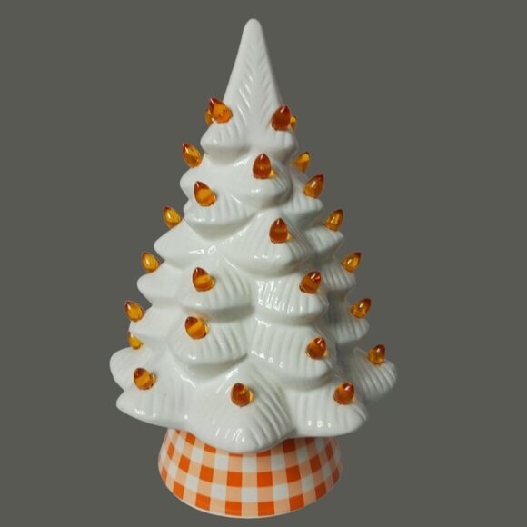 White Ceramic Christmas Tree With Orange Lights & Checkered Base - "14"Inches - Picture 4 of 5